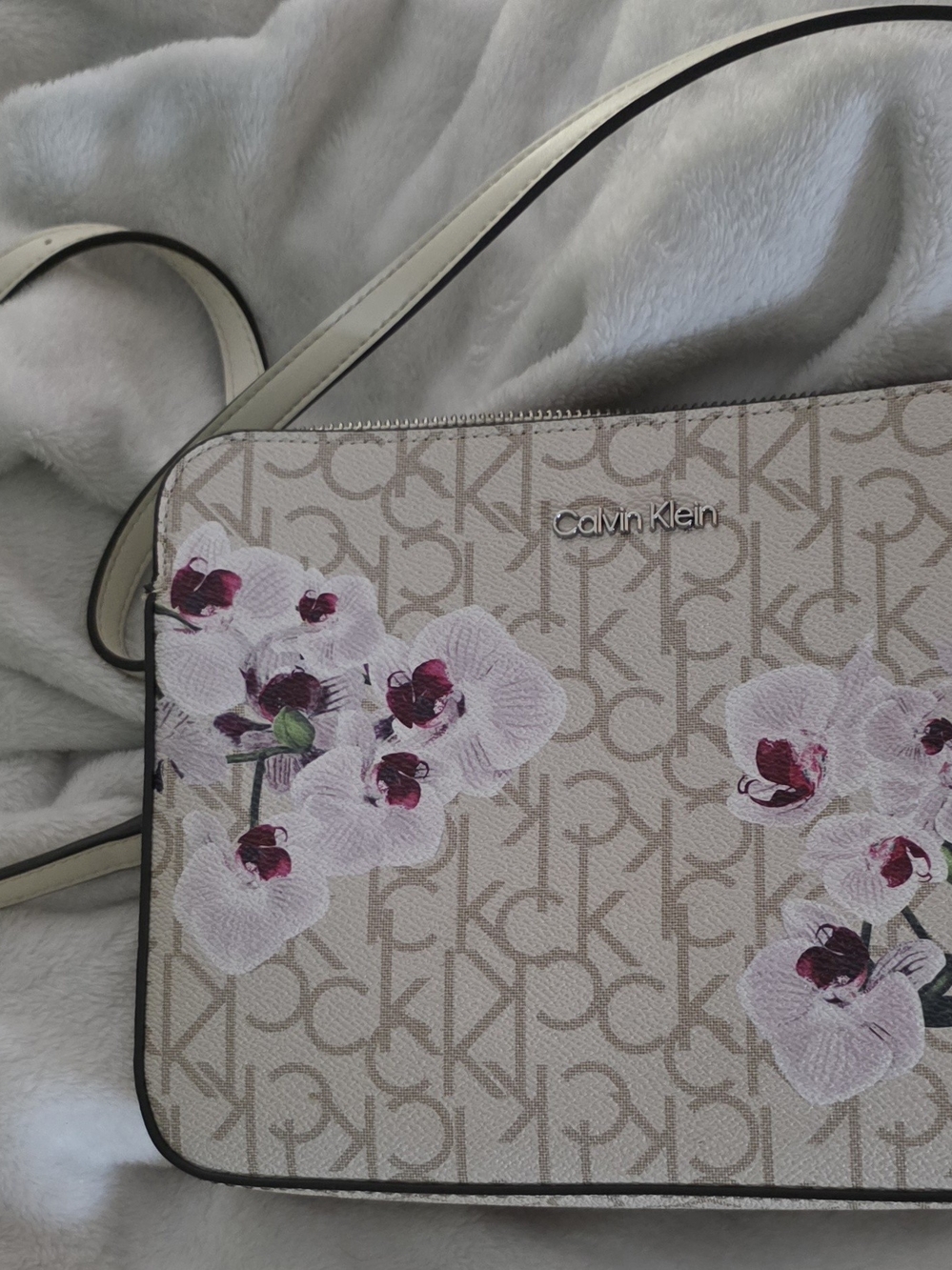 Calvin Klein Floral Logo Crossbody Bag in Beige and Pink